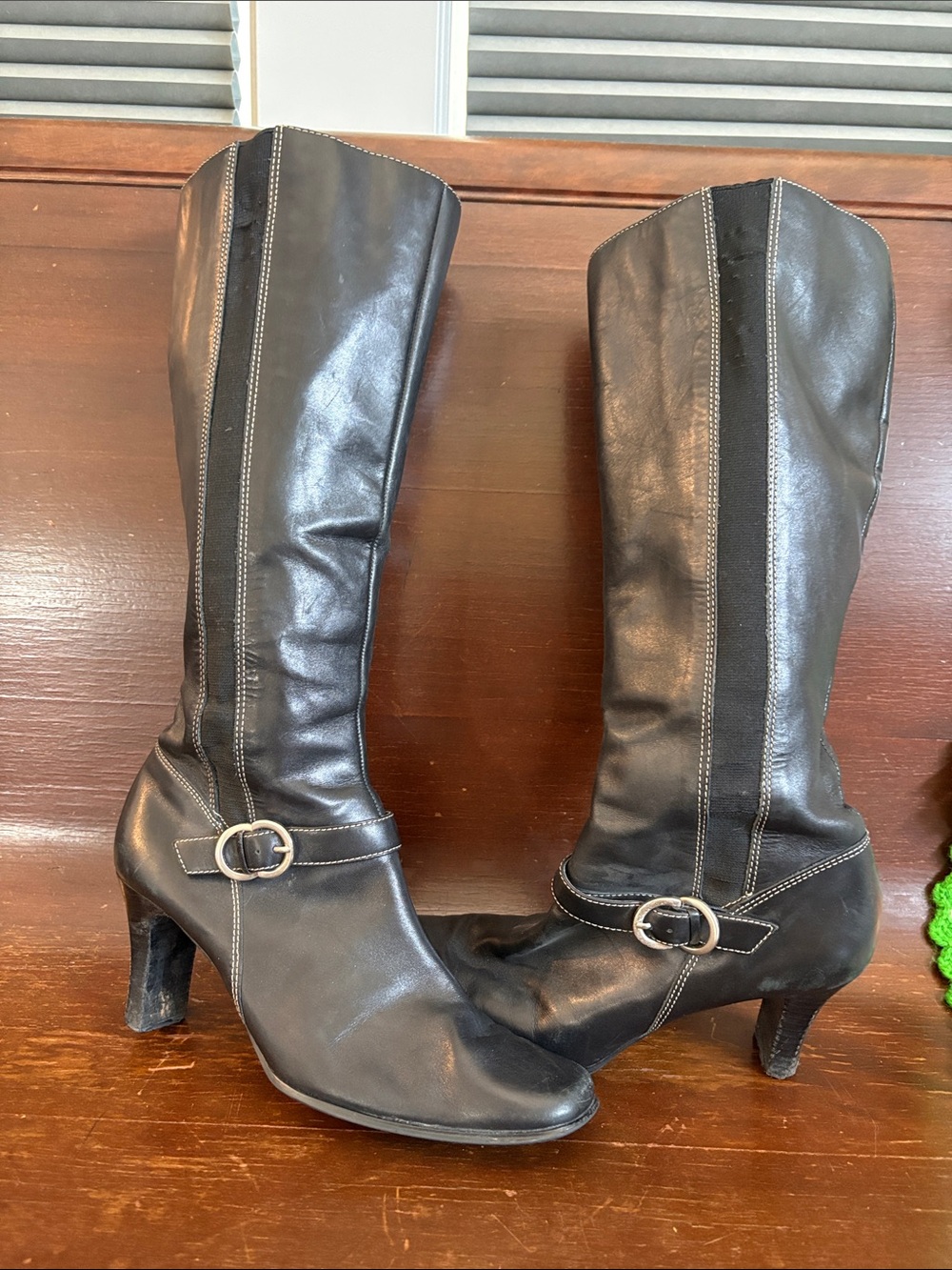 Anne Klein Black Leather Knee-High Boots with Buckle Accent
